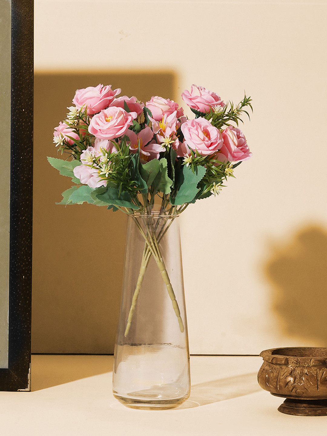 BS AMOR 2 Pcs Pink & Green Rose Bunch Artificial Flowers