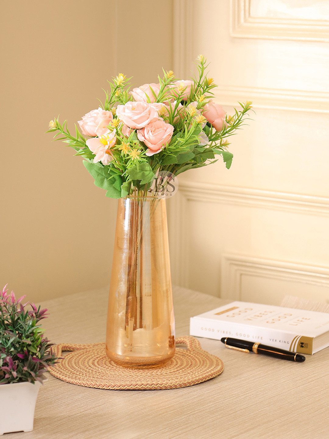 BS AMOR 2-Pcs Peach-Colored & Green Rose Artificial Flowers Bunch