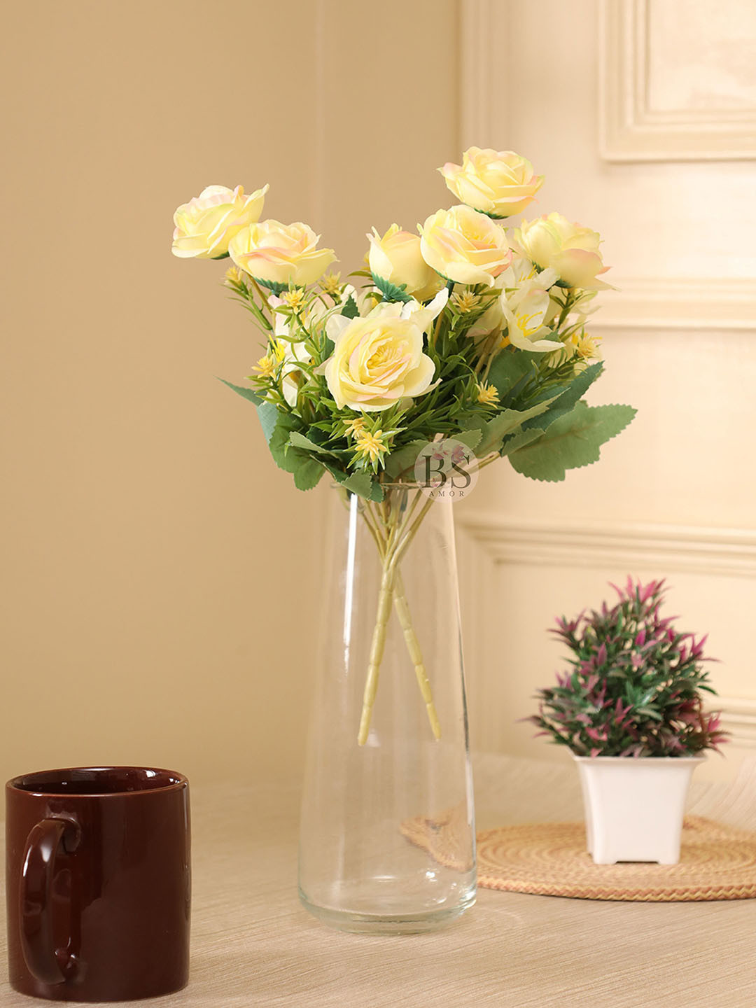 BS AMOR  2 Pcs Yellow & Green Artificial Rose Bunch