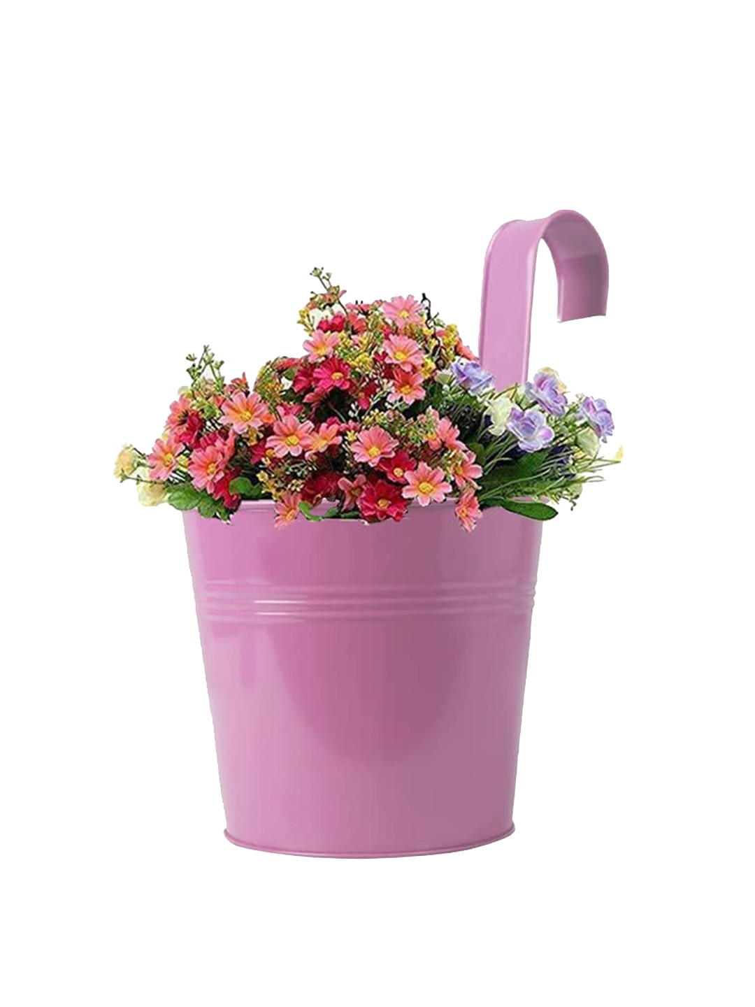 TRUSTBASKET Pink Plain Round Railing Metal Planter