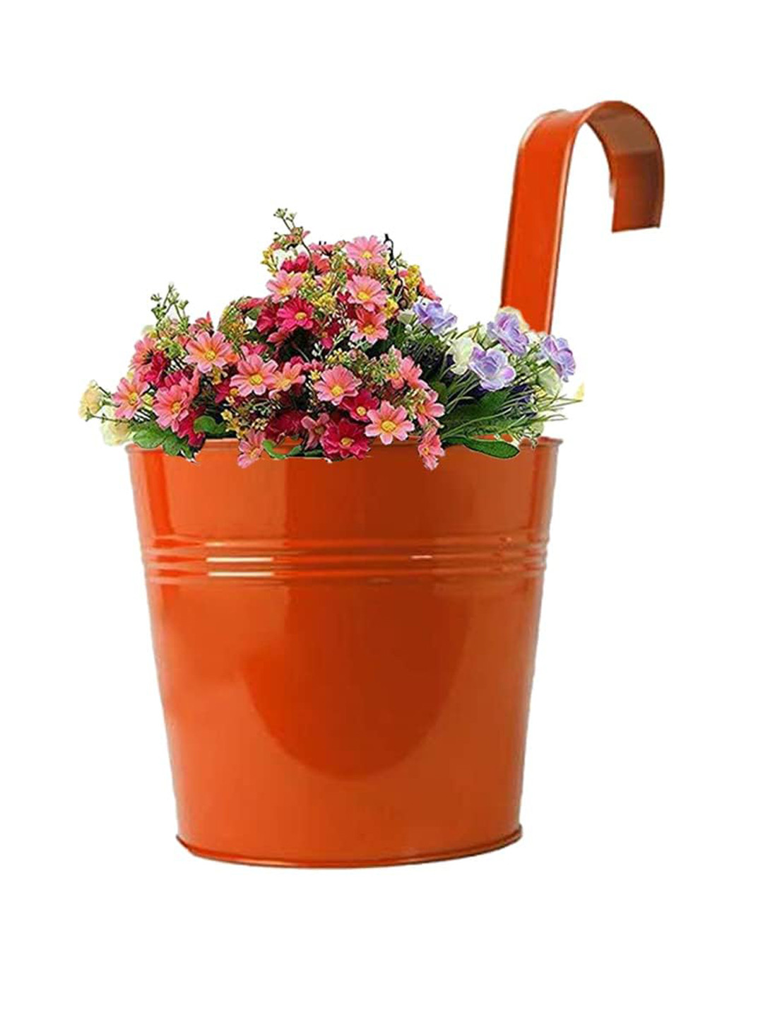 TRUSTBASKET Orange Plain Round Railing Metal Planter