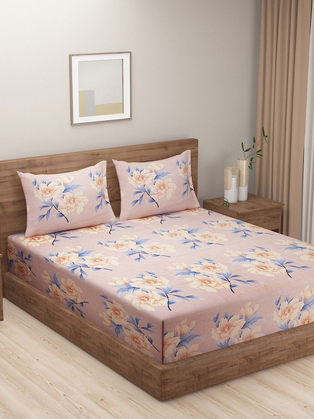 SWAYAM Tulip Peach Floral Polyester 144 TC Queen Coarse Bedsheet with 2 Pillow Covers-254 x 228 cm