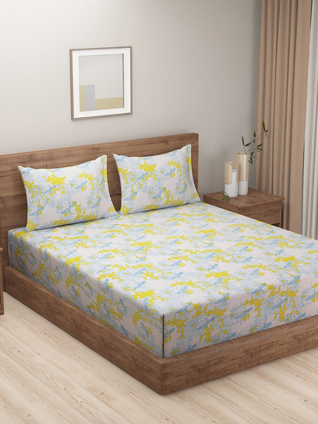 SWAYAM Tulip White Floral Polyester 144 TC Queen Bedsheet with 2 Pillow Covers-100 x 90 inches