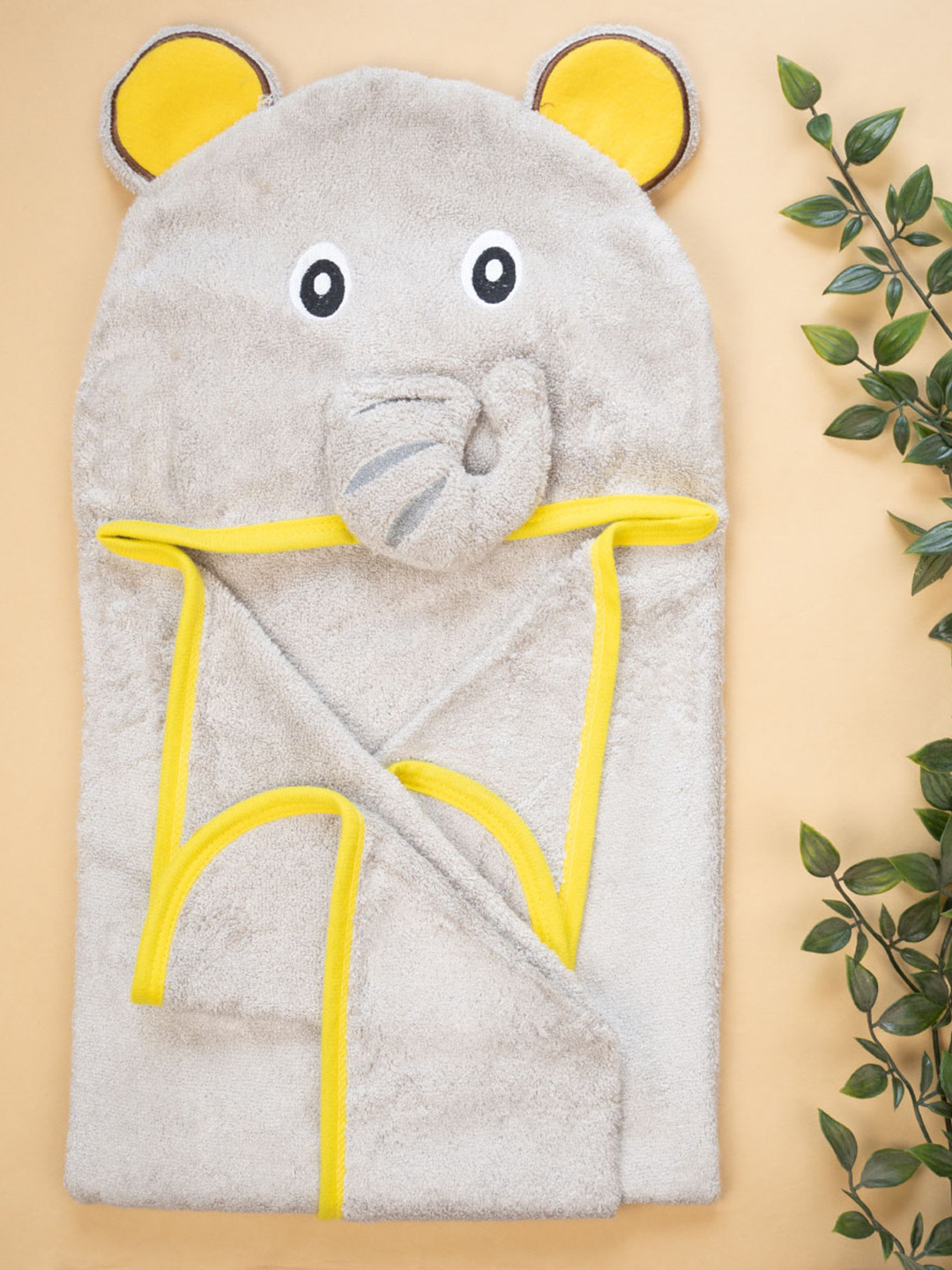Snugkins Infants Grey & Yellow Textured 500 GSM Elephant-Shaped Hooded Bath Towel