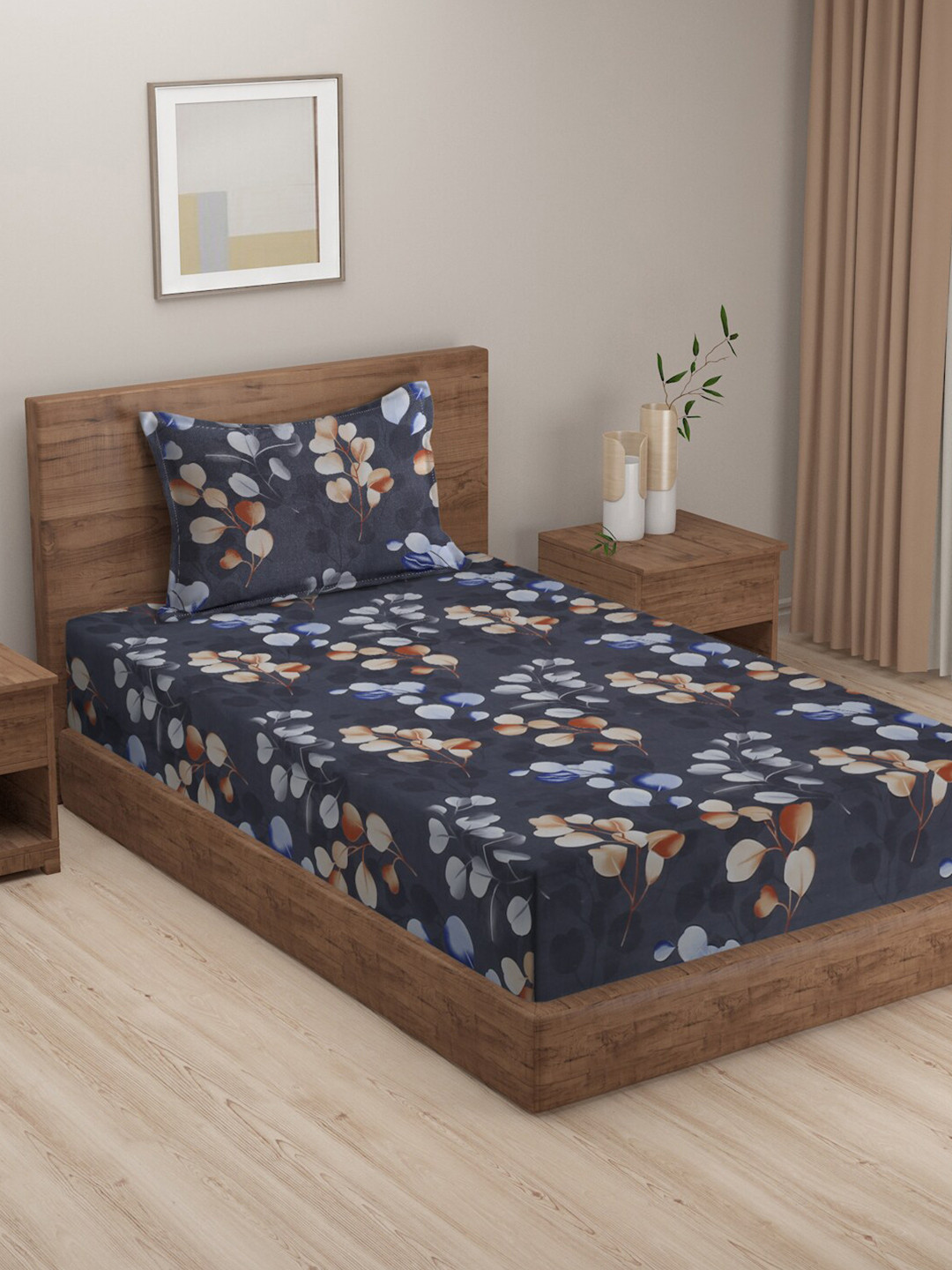 HOSTA HOMES Black Leaf Cotton 210 TC Single Fine Bedsheet with a Pillow Cover-90 x 60 inches