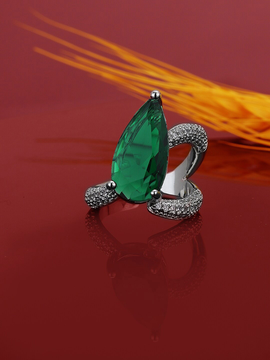 Carlton London Premium Rhodium-Plated CZ Stone-Studded Adjustable Finger Ring