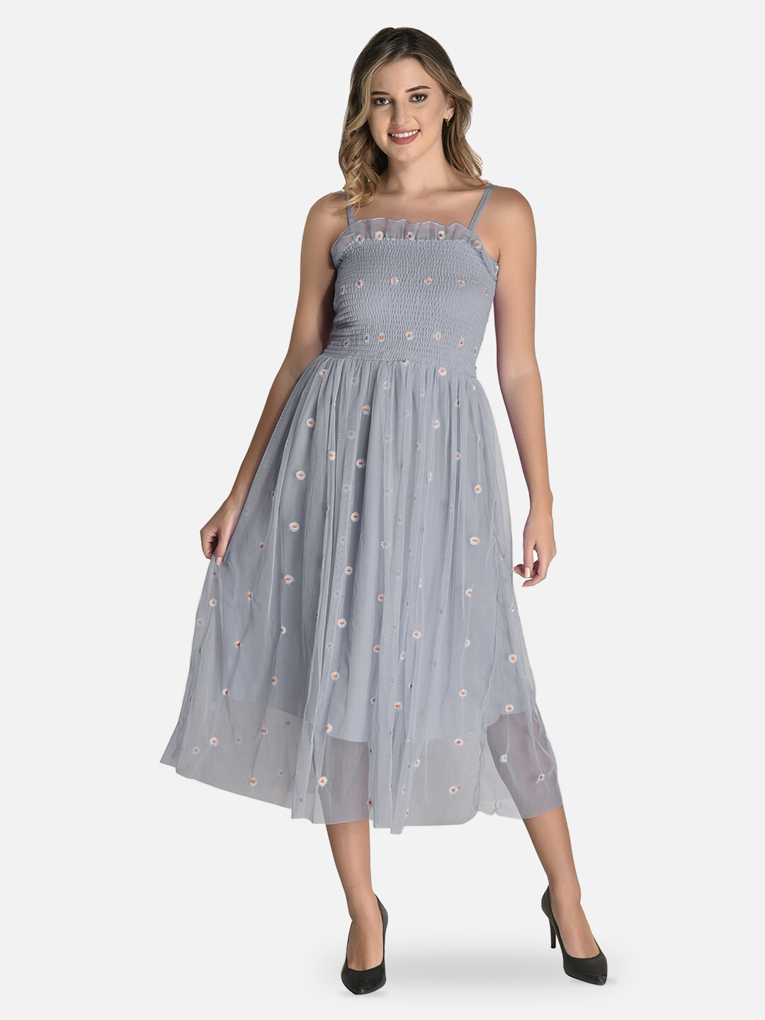 FIMS Embroidered Fit & Flare Net Midi Dress