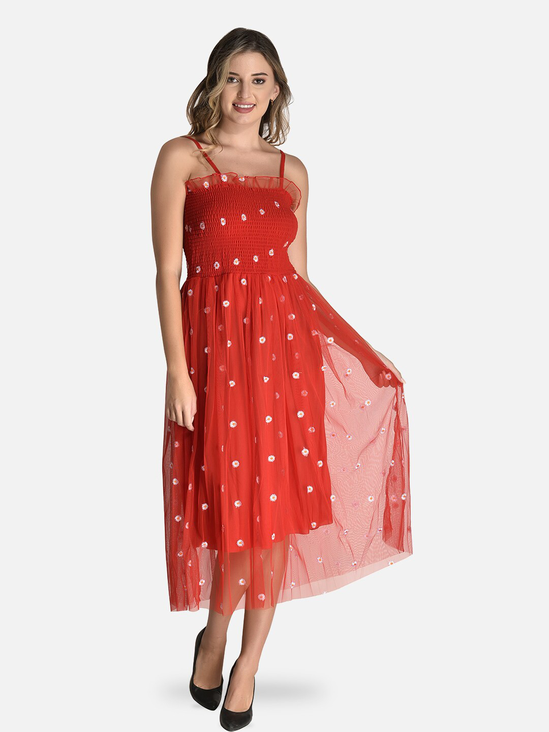 FIMS Floral Printed Net Midi A-Line Dress