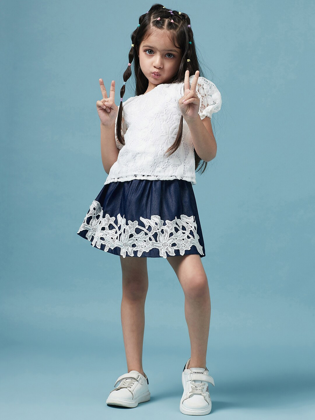 pspeaches Girls Self Design Round Neck Top with Skirt