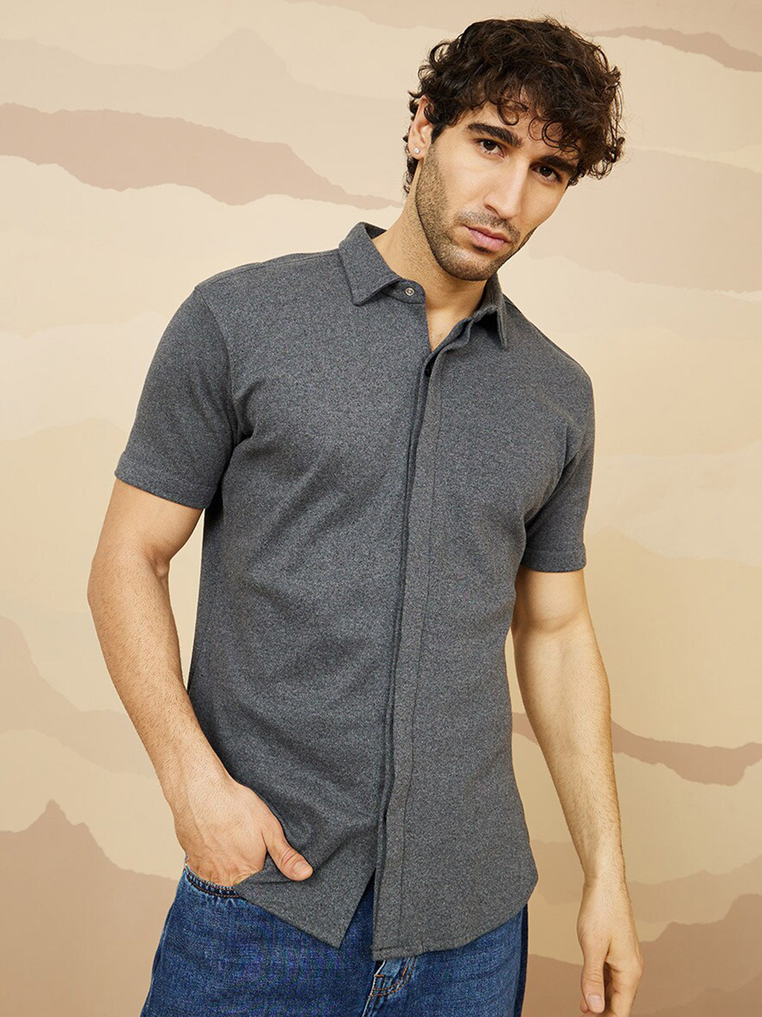 Styli Men Slim Fit Concealed Placket Cotton Knitted Casual Shirt