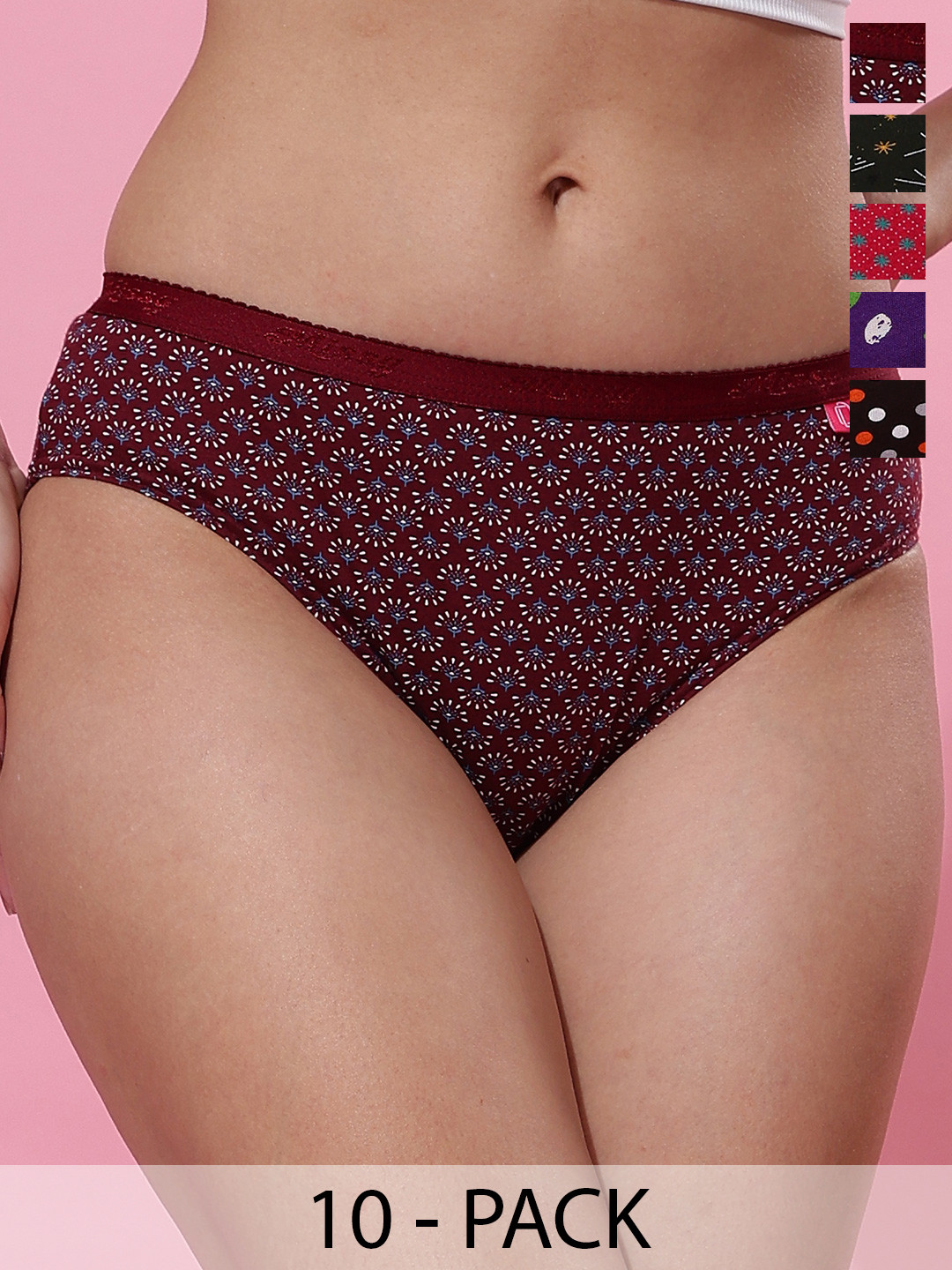 Dollar Missy Pack of 10 Deep Printed Outer Elasticated Hipster Panty 101P-MULTI-PO10