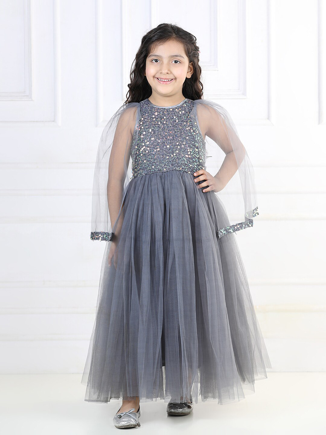 Toy Balloon kids Girls Slit Sleeves Embellished Net Maxi Fit & Flare Dress