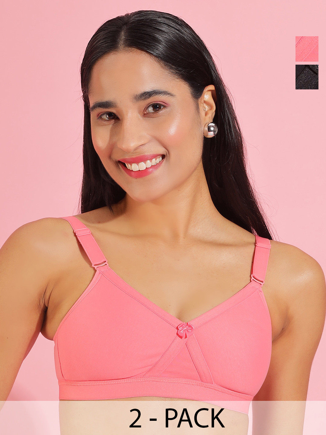 Dollar Missy Pack of 2 Women Wire-Free Crossover Support Bra DES-1151-R3-BLK-SLR-PO2