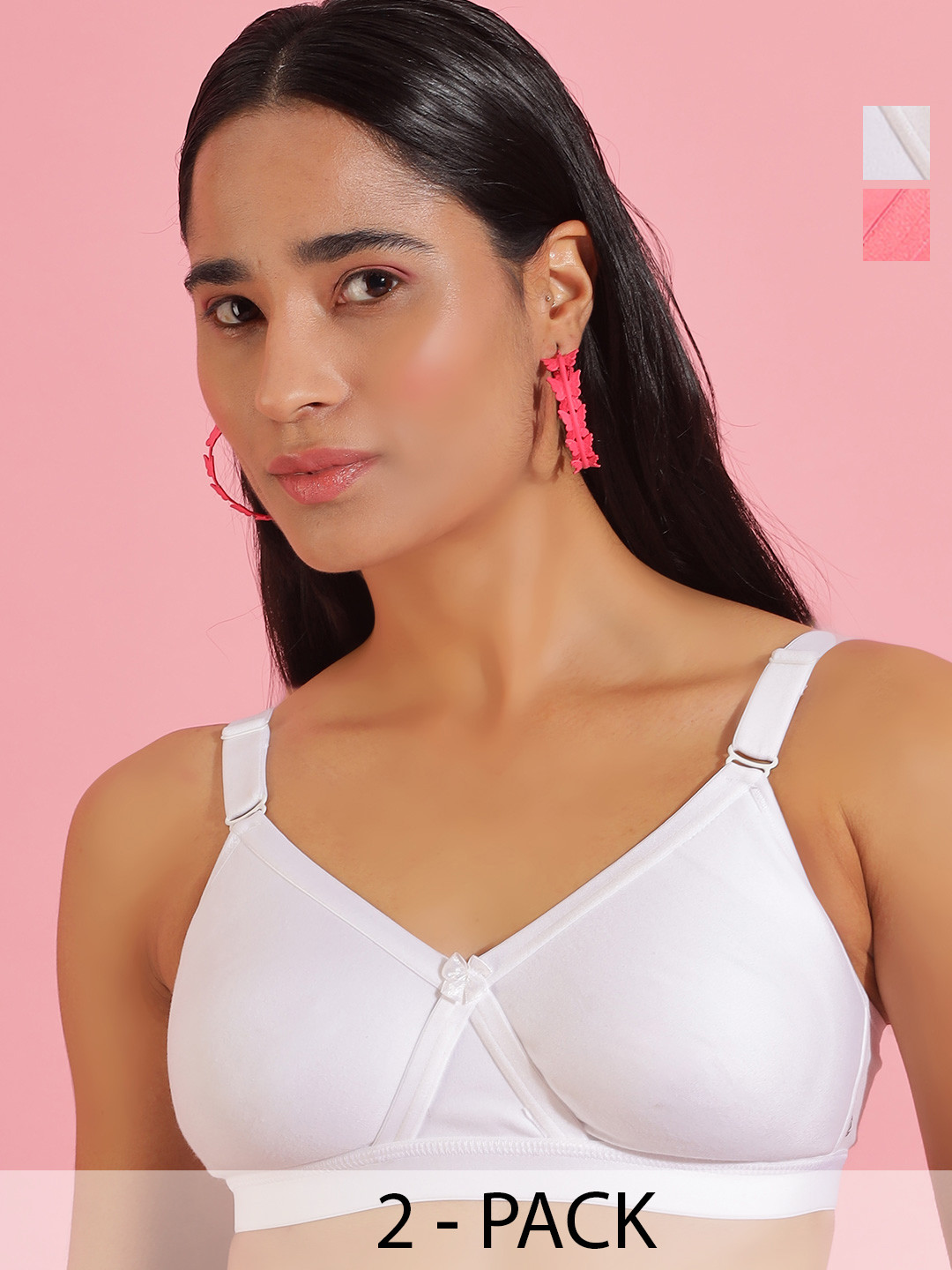 Dollar Missy Pack of 2 Cotton Wire-Free Crossover Support Bra DES-1151-R3-WHT-SLR-PO2