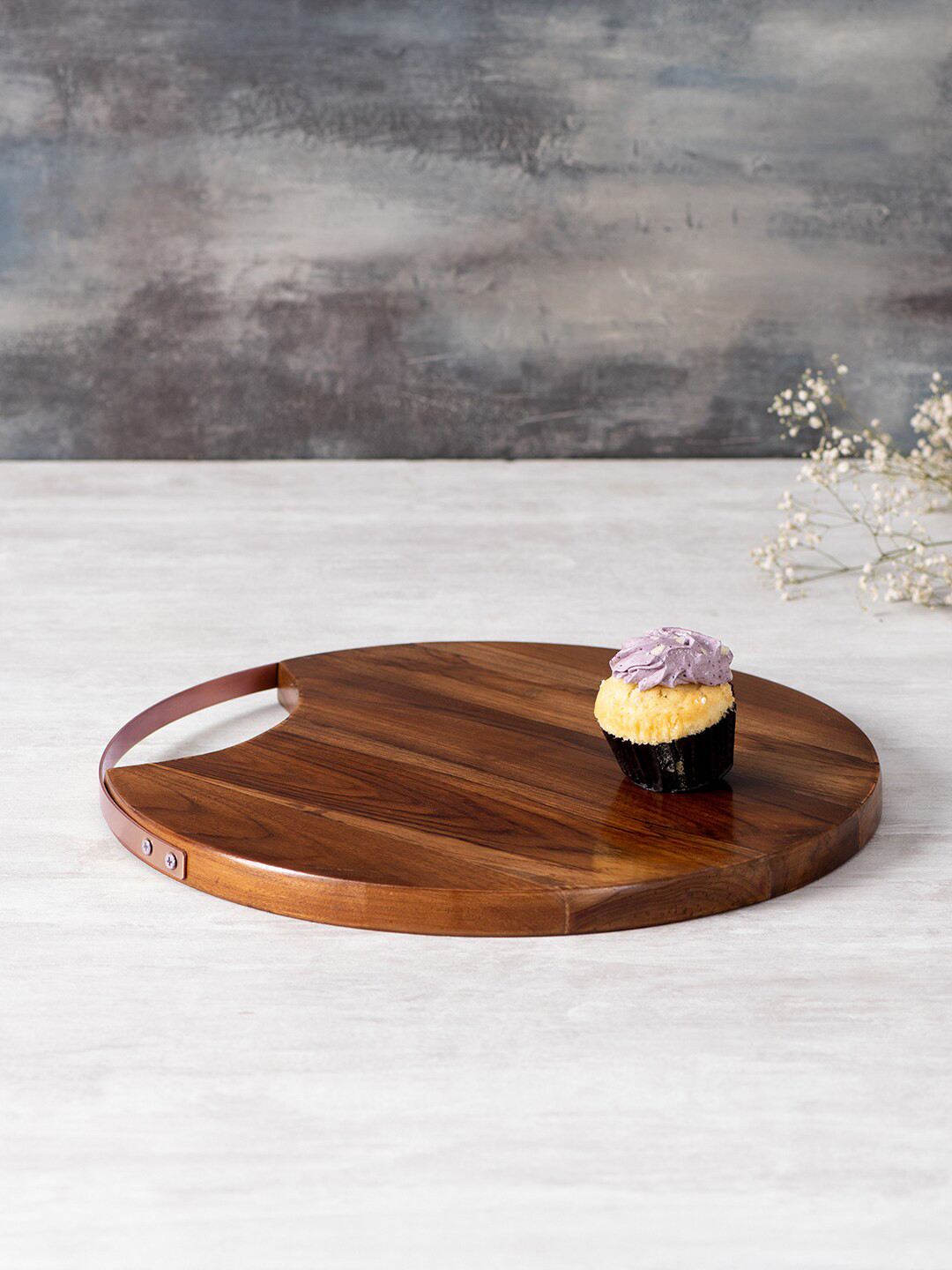 nestroots Brown Textured Round-Shaped Wooden Serving Platter