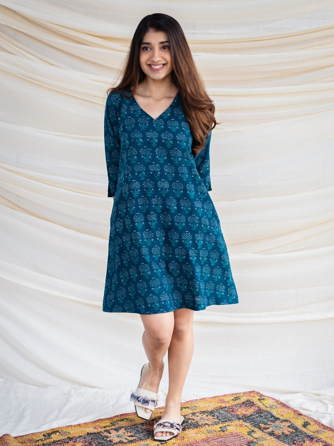 THE INDIAN ETHNIC CO Printed Slub Cotton Knee-Length A-Line Ethnic Dress