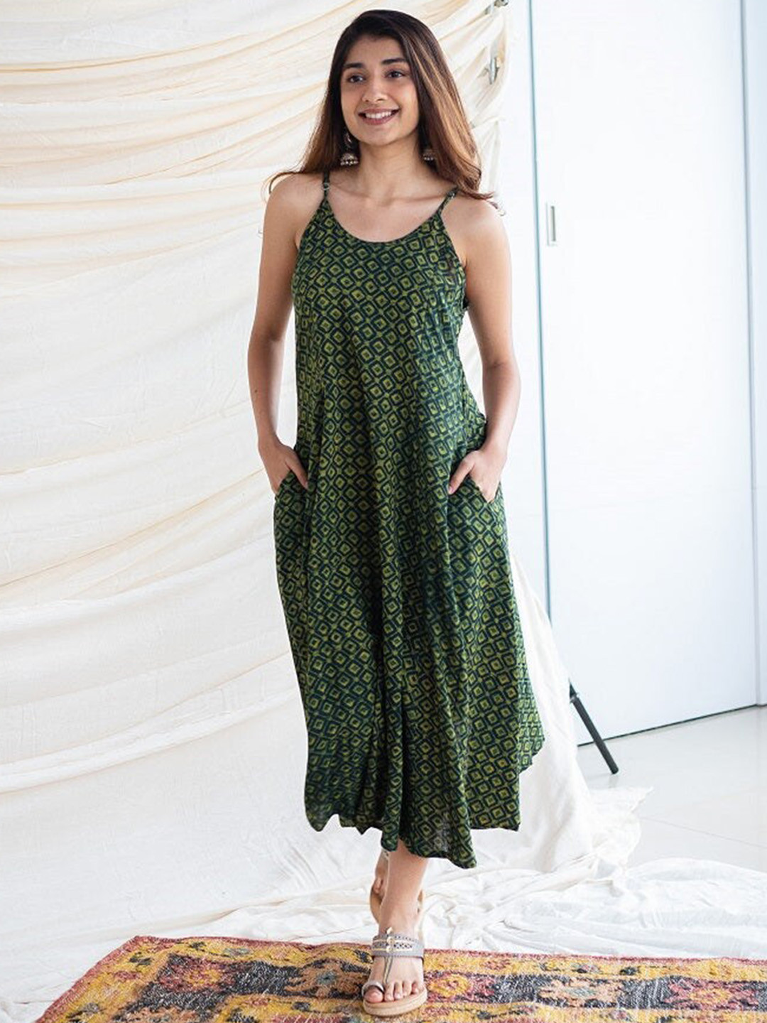 THE INDIAN ETHNIC CO Bargad Geometric Printed Cotton Fit & Flare Ethnic Dress