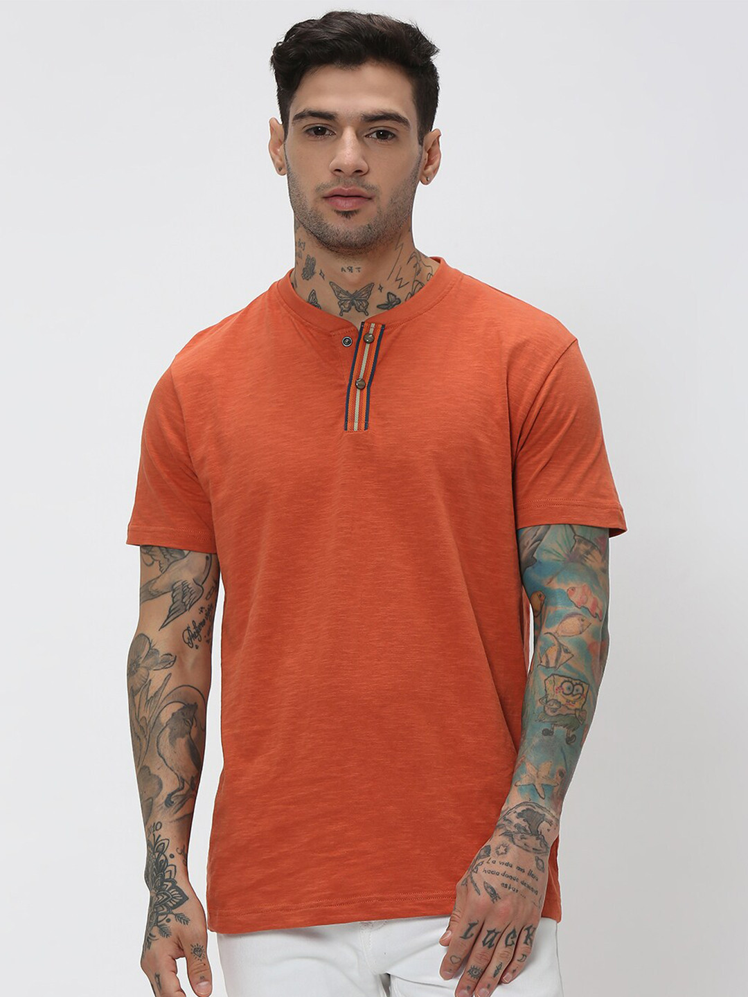 Mufti Henley Neck Short Sleeves Pure Cotton Slim Fit T-shrit