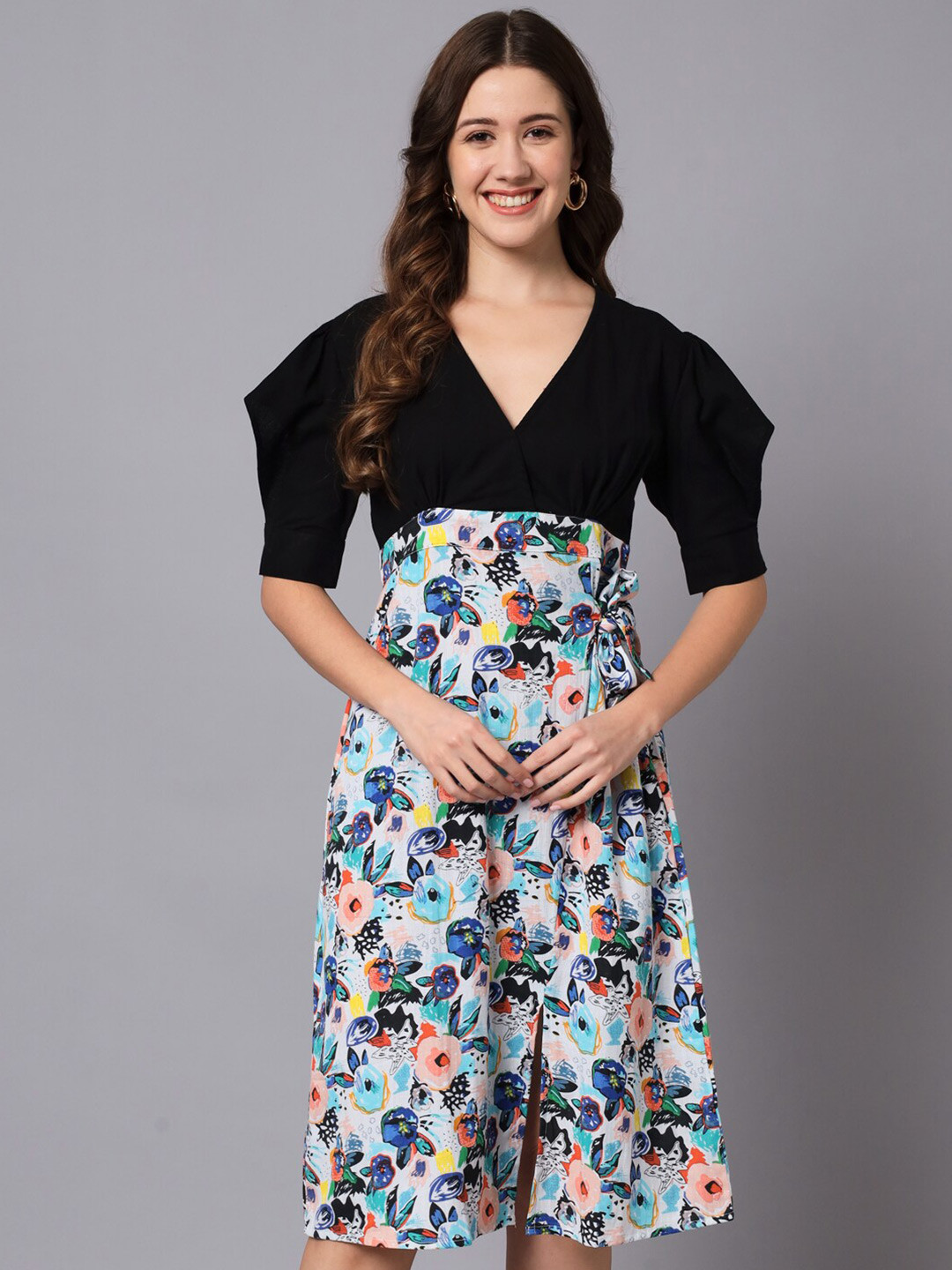 The Dry State Black Floral A-Line Midi Dress
