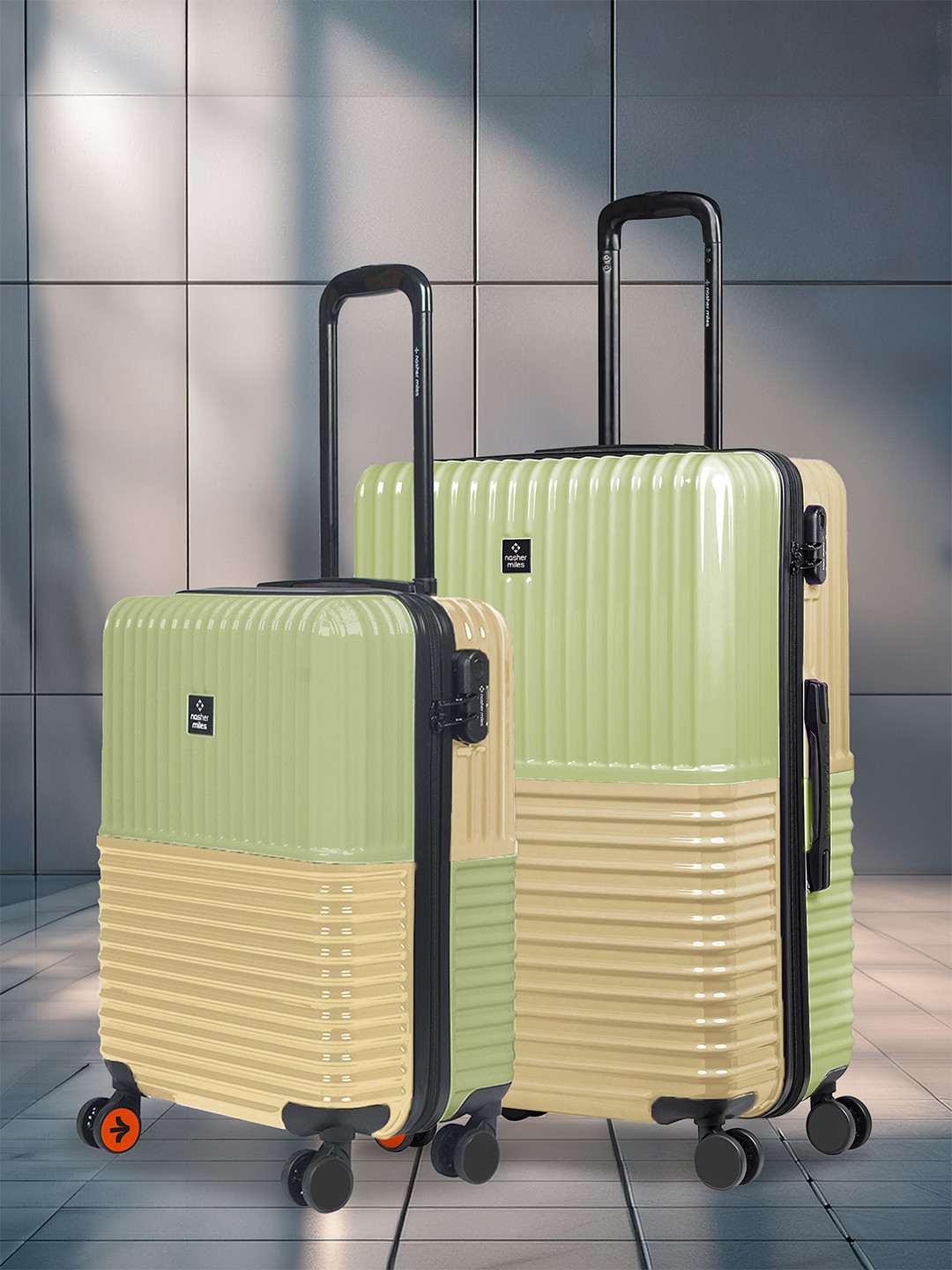 Nasher Miles Istanbul Hard-Sided ABS and PC Set of 2 S/M Green Yellow Trolley Bags 55-65cm