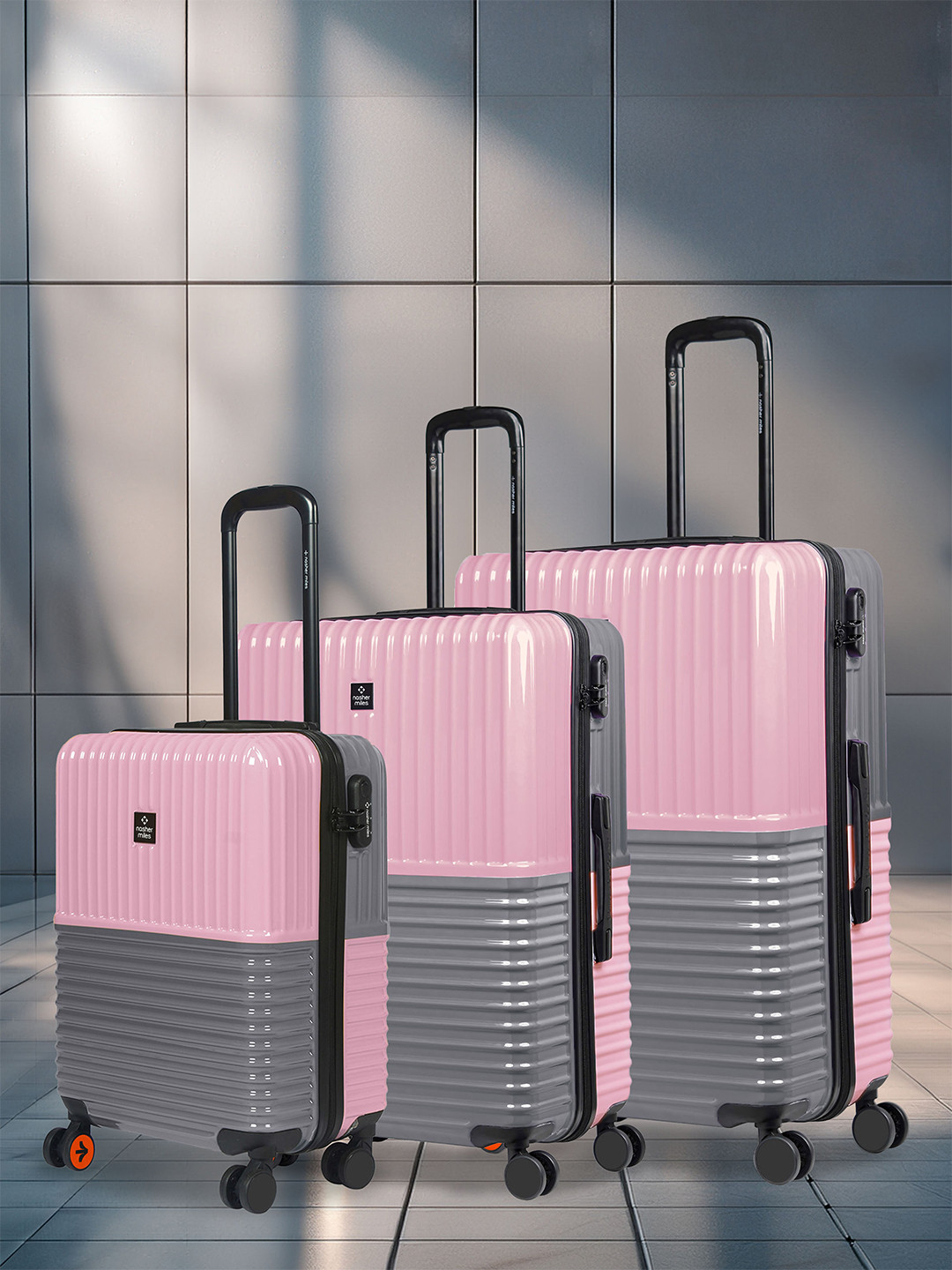 Nasher Miles Istanbul Hard-Sided ABS & PC Set of 3 S/M/L Pink Grey Trolley Bags 55-65-75cm