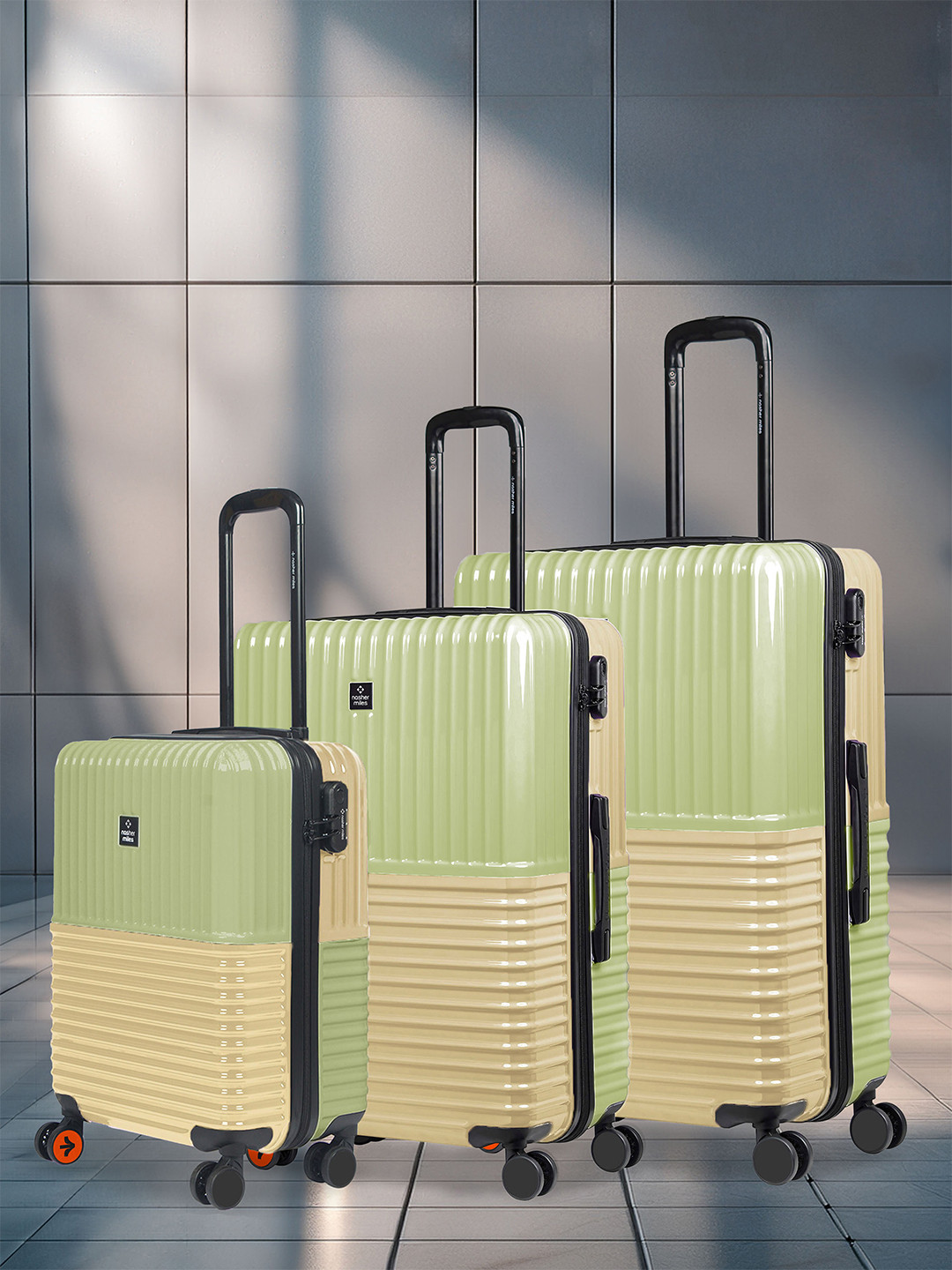 Nasher Miles Istanbul Hard ABS & PC Set of 3 S/M/L Green Yellow Trolley Bags 55-65-75cm