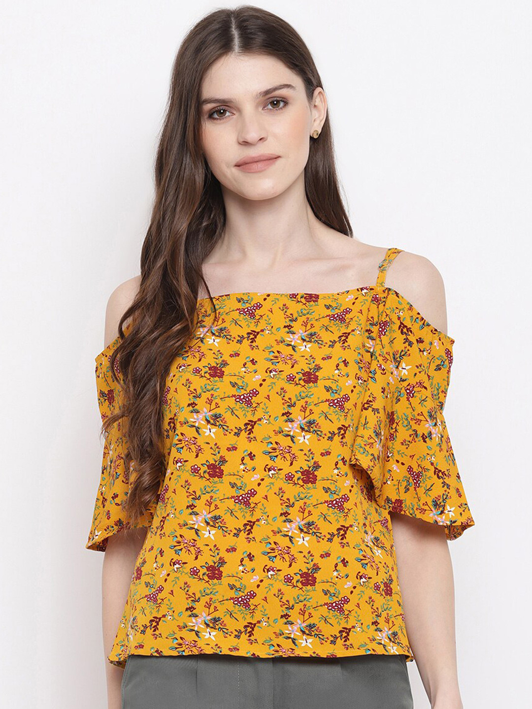 Mayra Mustard Floral Cold-Shoulder Top