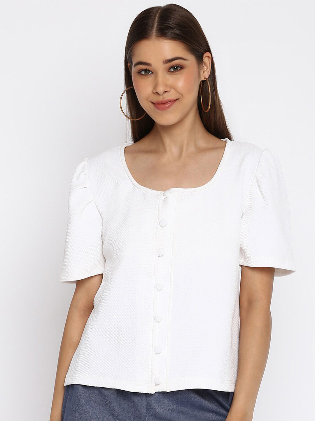 Mayra Scoop Neck Puff Sleeves Shirt Style Top