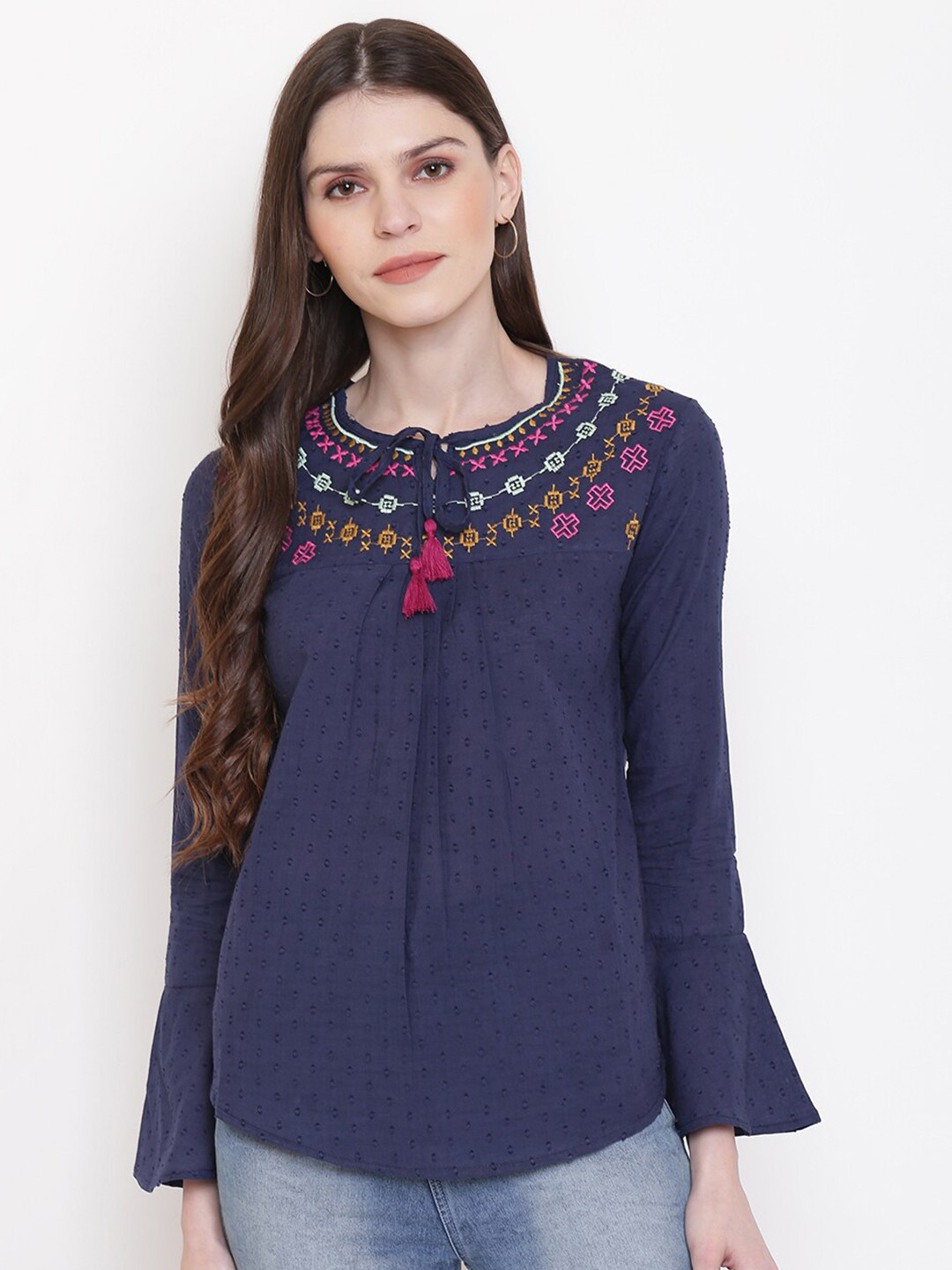 Mayra Embroidered Dobby Tie-Up Neck Bell Sleeves A-Line Top