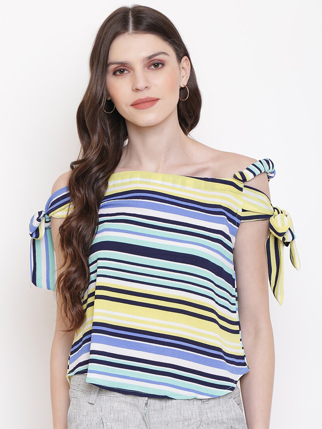 Mayra Horizontal Striped Off-Shoulder Tie Ups Bardot Top