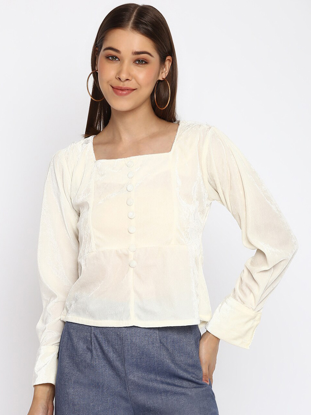 Mayra Square Neck Cuff Sleeves Velvet Top