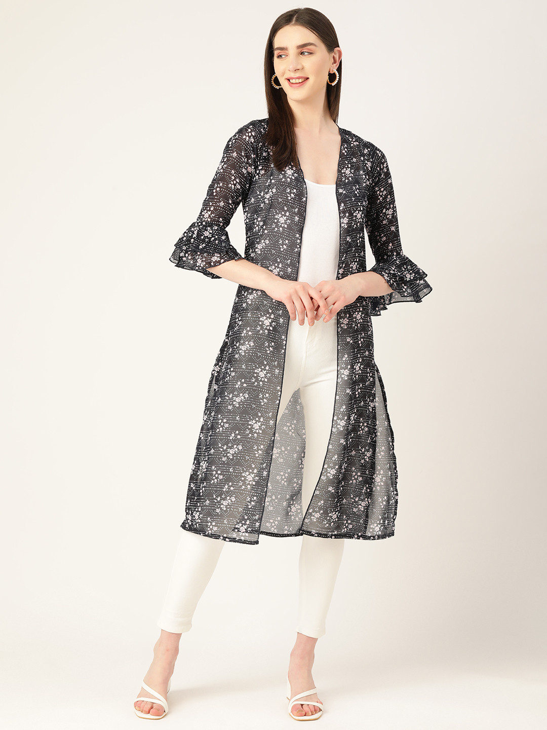 WISSTLER Printed Bell Sleeves Open Front Longline Shrug