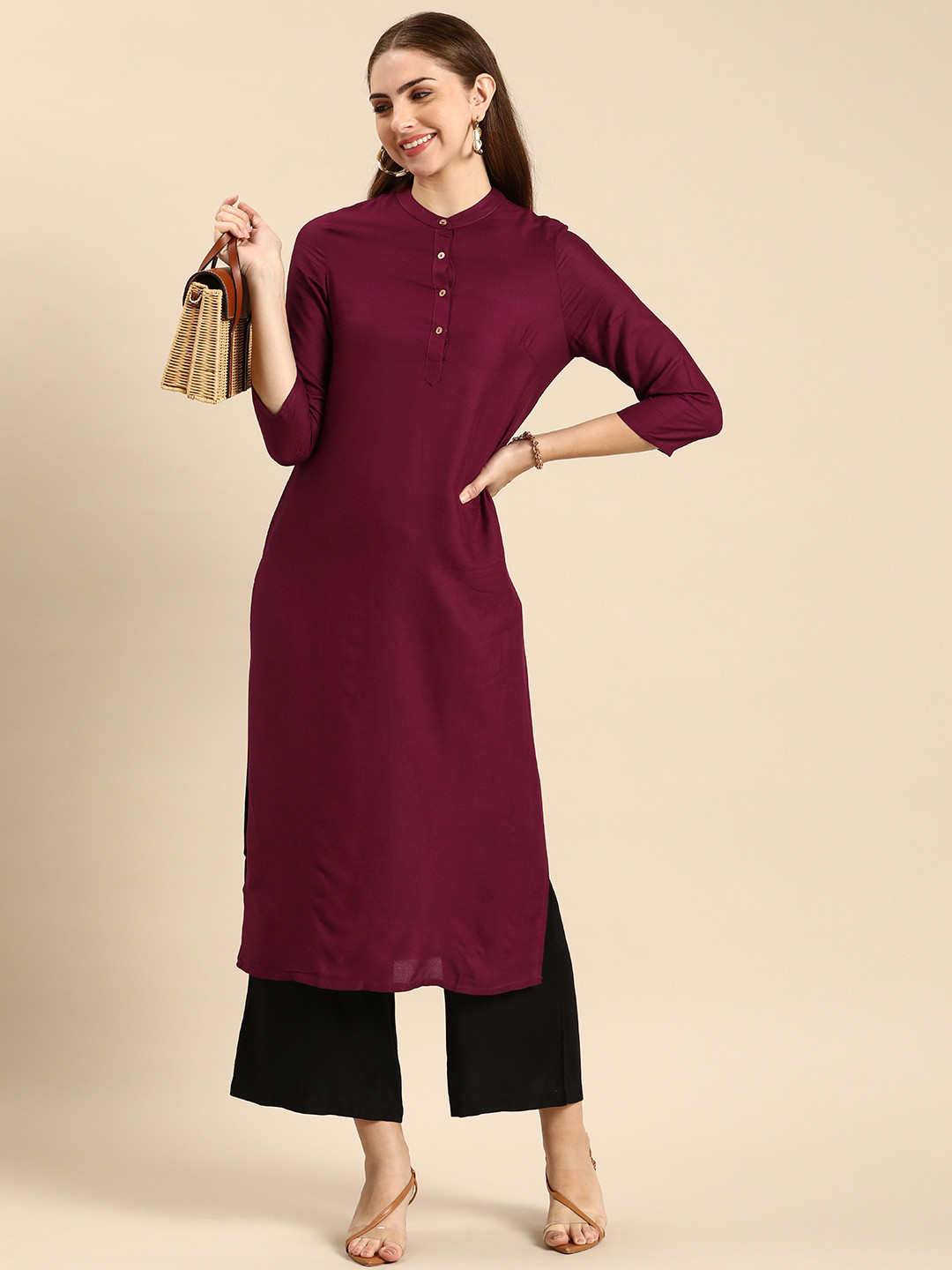 Anouk Solid Band Collar Straight Kurta
