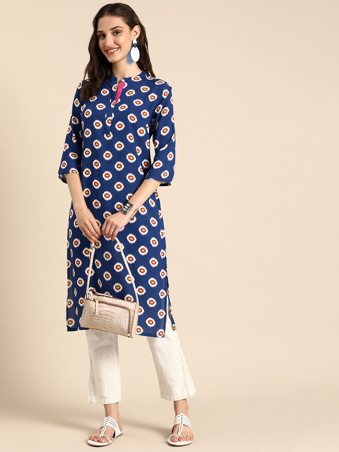 Anouk Band Collar Geometric Printed Kurta