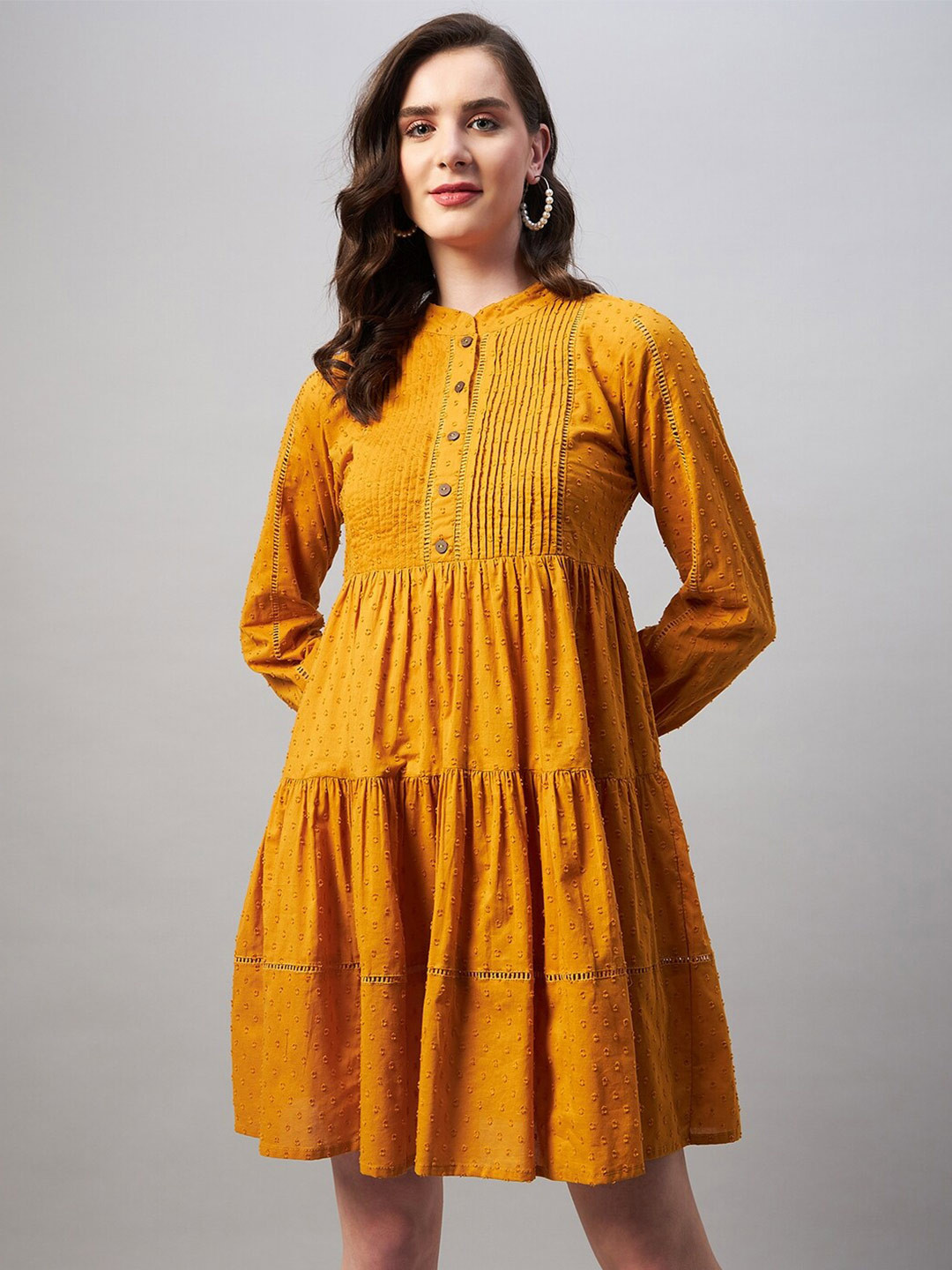 Azira Self Design Mandarin Collar Empire Tiered Pure Cotton Dress