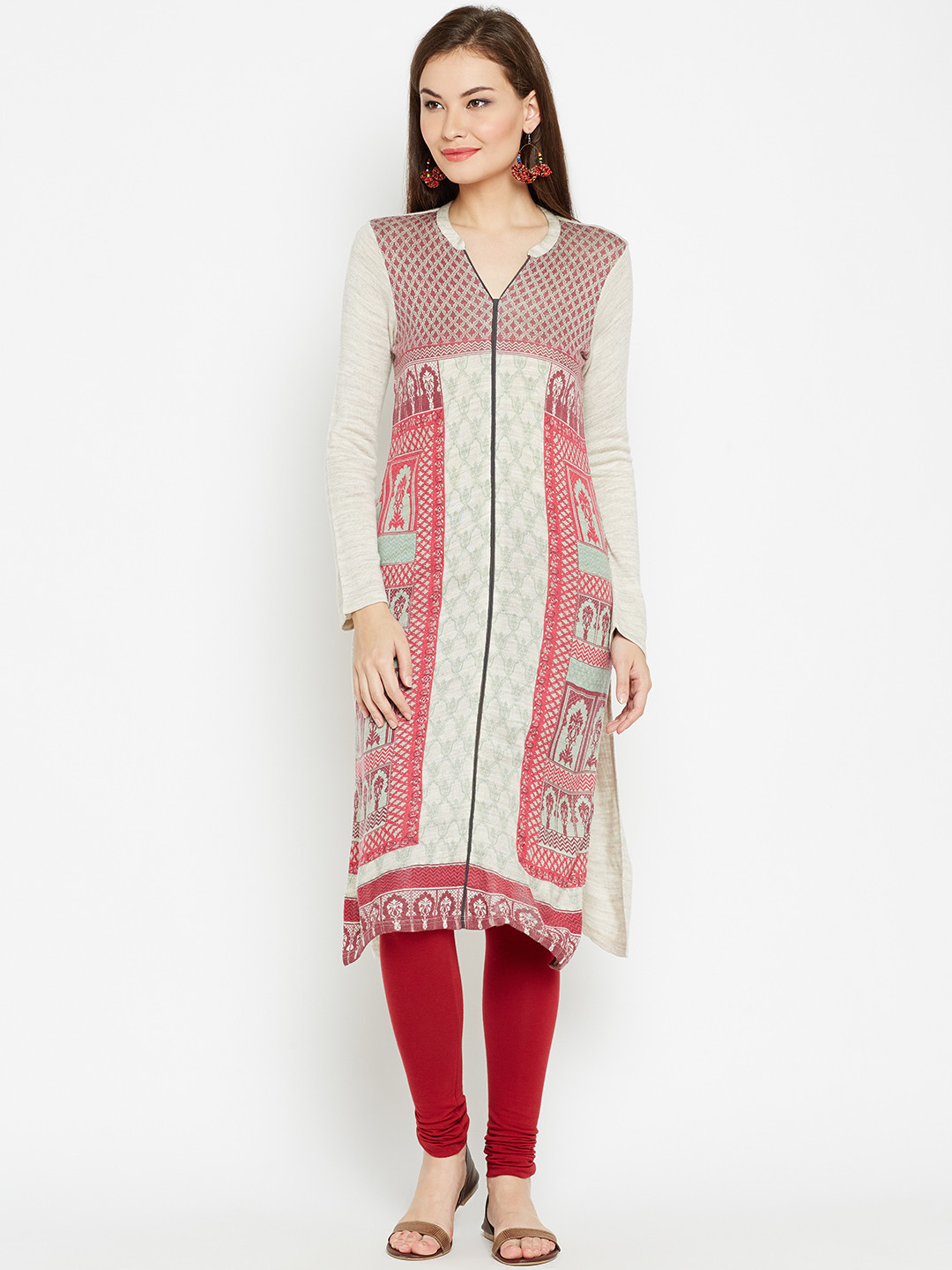 AURELIA Women Beige & Pink Knitted Pattern Straight Kurta