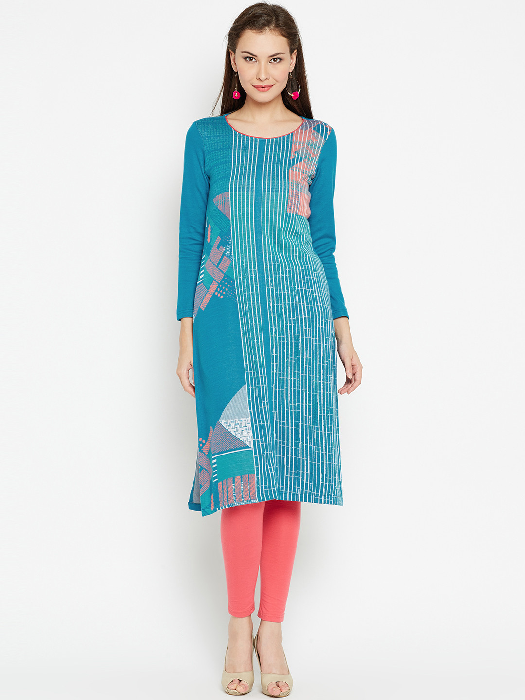 AURELIA Women Blue & White Knitted Pattern Straight Kurta
