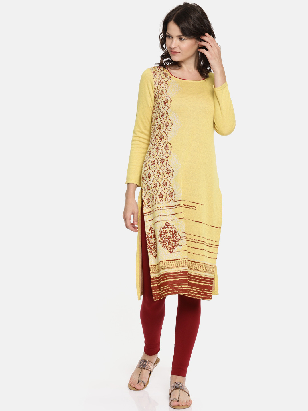 AURELIA Women Yellow Knitted Pattern Straight Kurta