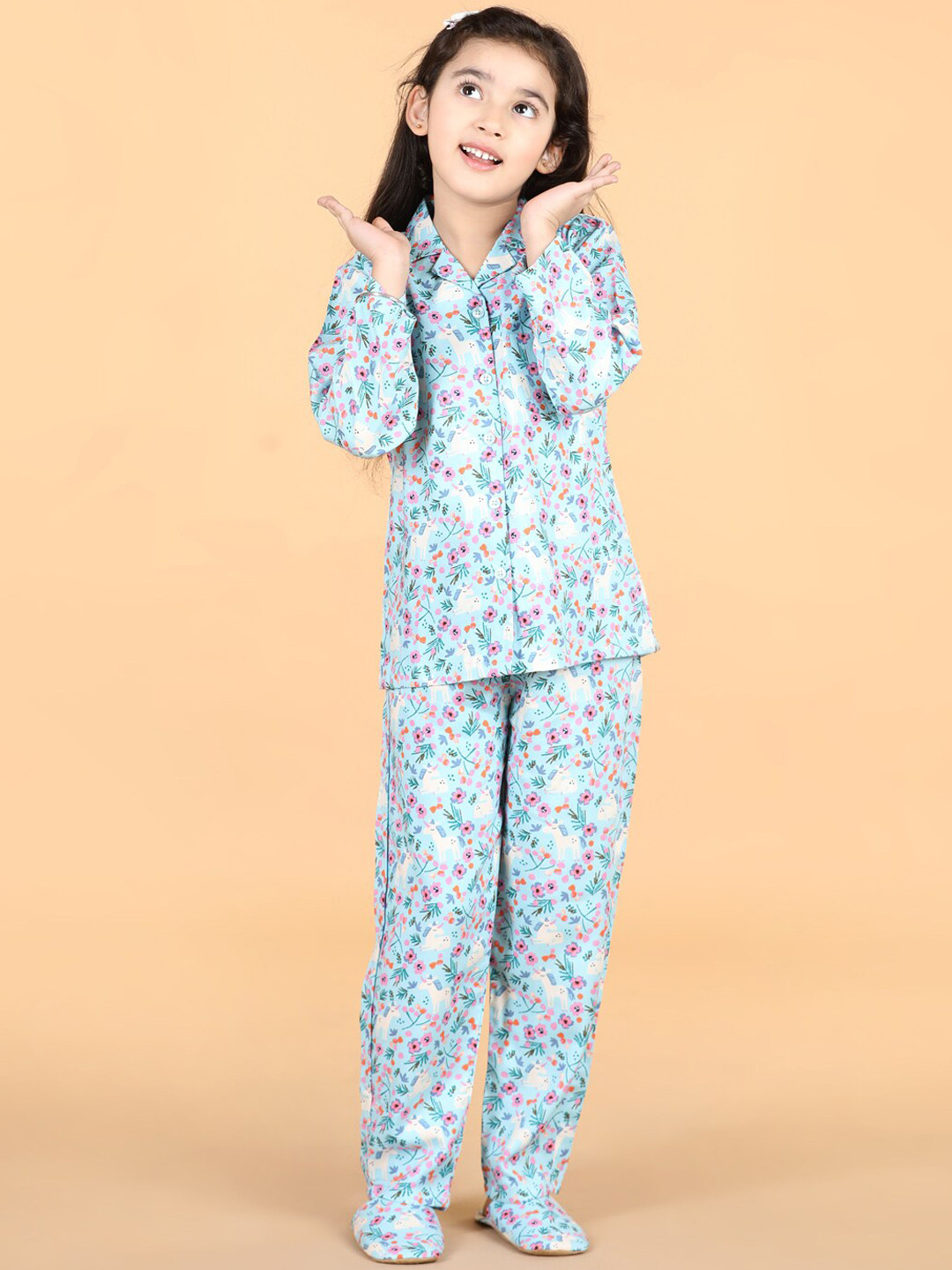 PICCOLO Girls Floral Printed Pure Cotton Night Suit