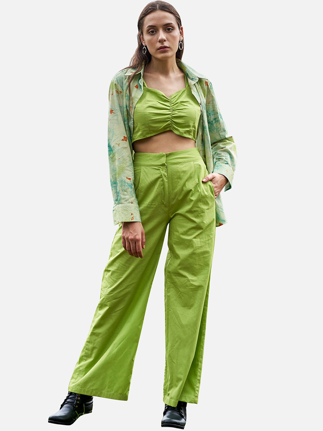 NEOFAA Women 3 Piece Printed Green Cotton Co-Ords