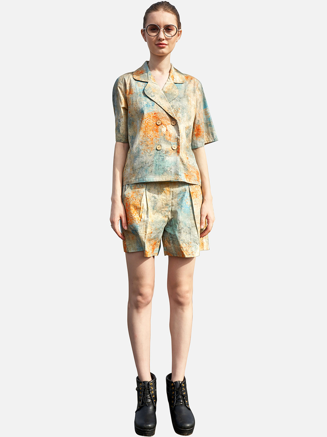 NEOFAA Women Printed Pure Cotton Coat With Shorts Co-Ords