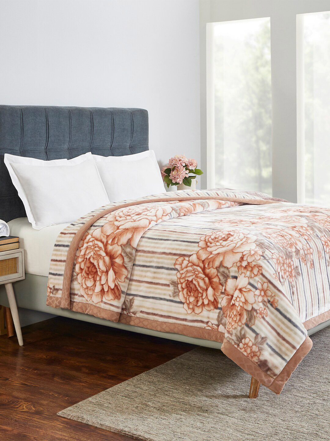 MYTRIDENT Classic Mink Beige  Brown Floral AC Room 600 GSM Double Bed Blanket