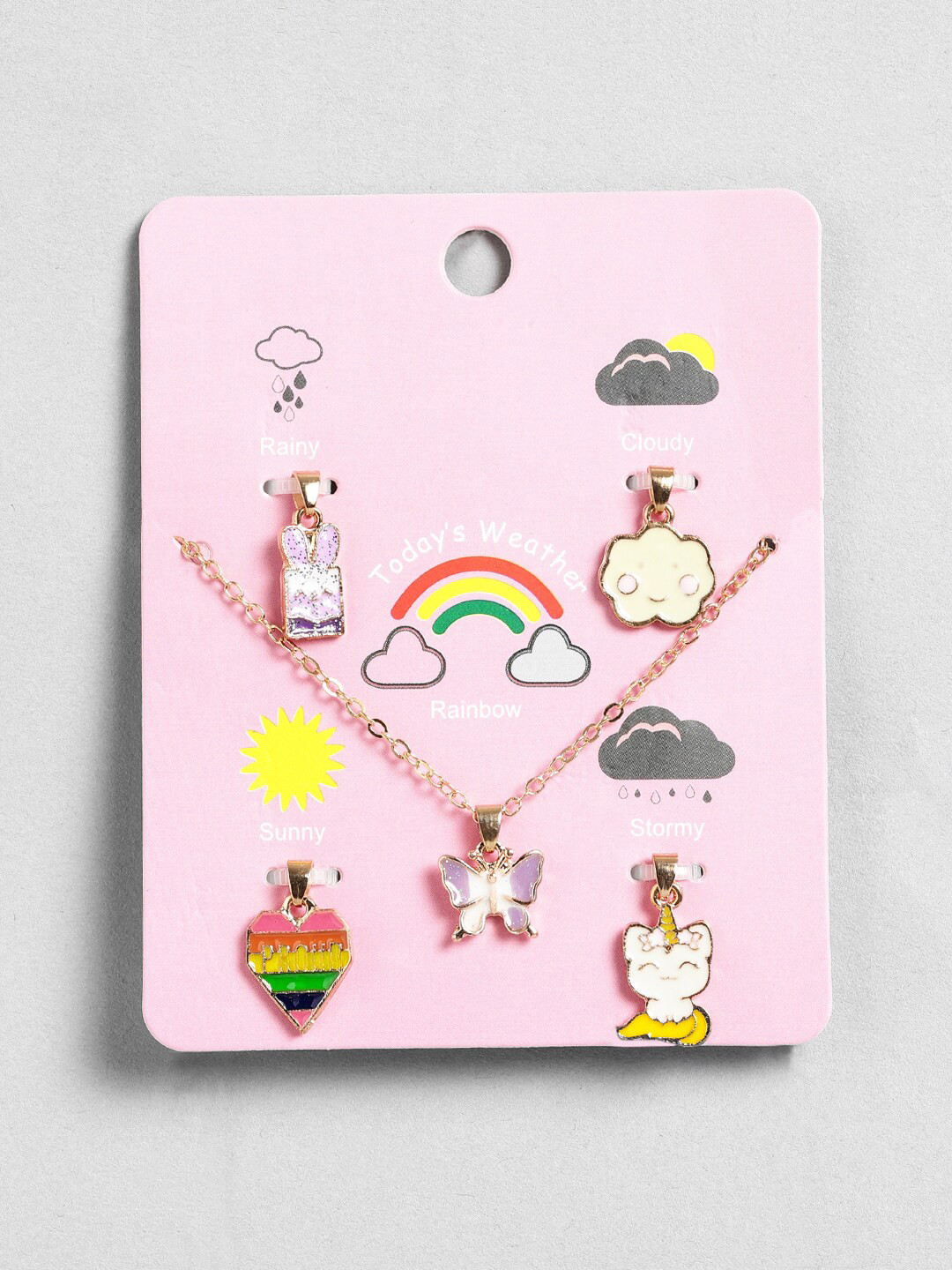 EL REGALO Girls Pack Of 5 Gold-Plated Contemporary Stone Studded Pendants With Chain