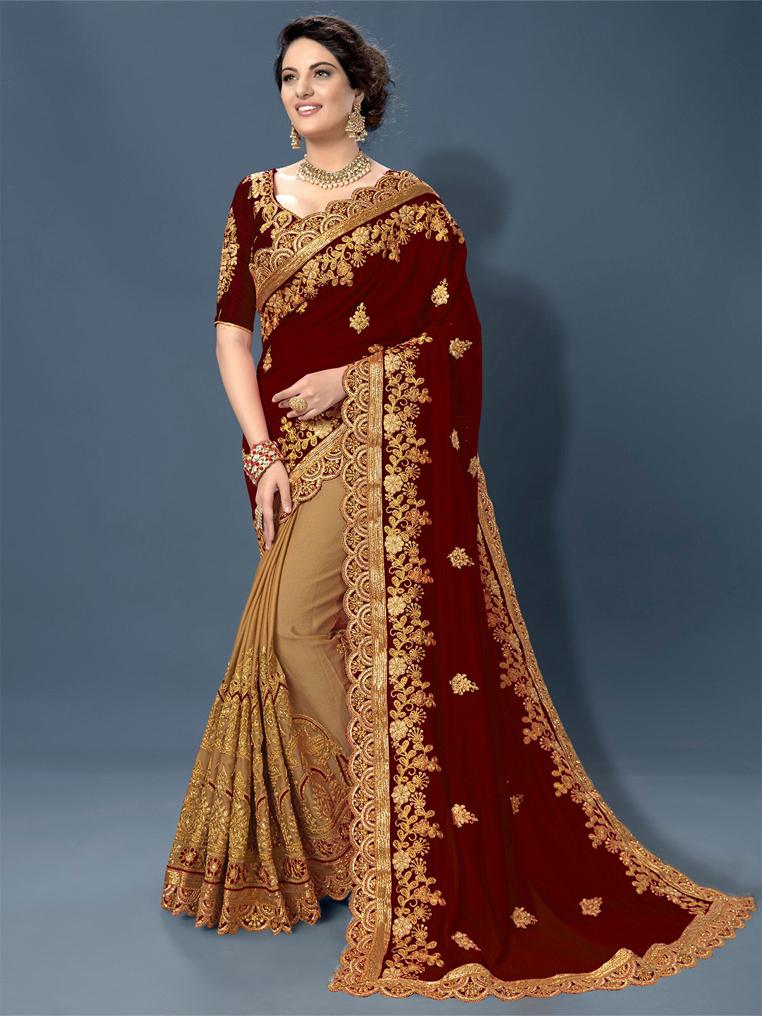 Trendmalls Floral Embroidered Beads and Stones Heavy Work Saree - Image 1