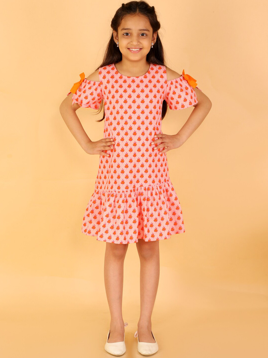 LIL DRAMA Girls Floral Printed Tie-Up Detail Cold-Shoulder Sleeves Drop-Waist Dress