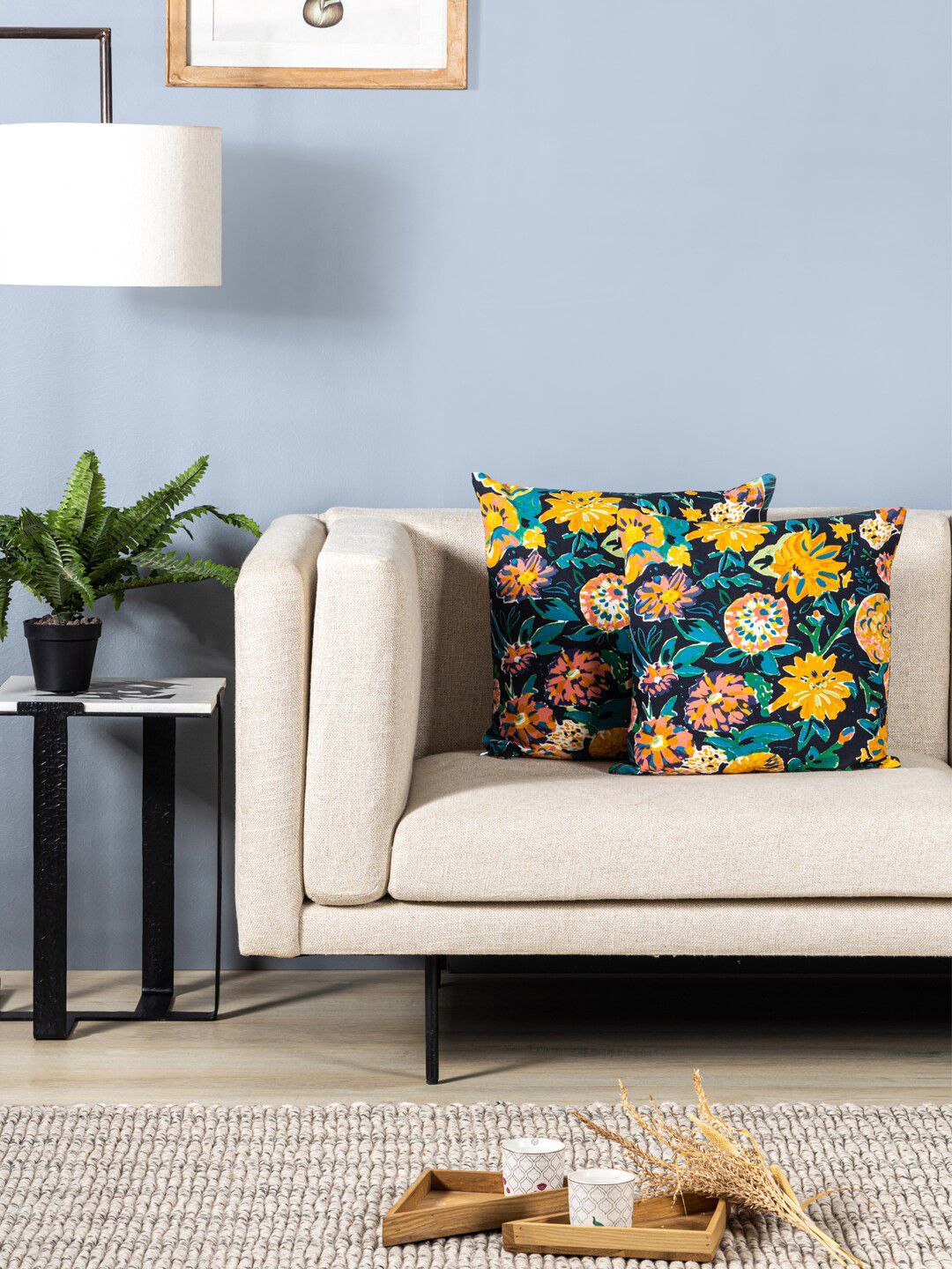 Contrast Living Floral Cotton 2 Pcs Square Cushion Covers - 18 x 18 In