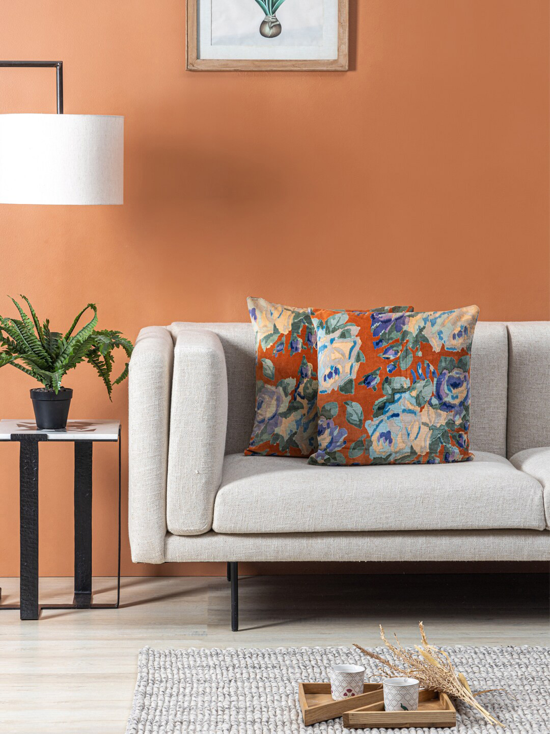 Contrast Living Orange Floral Velvet Durable 2 Square Cushion Covers -16x16In