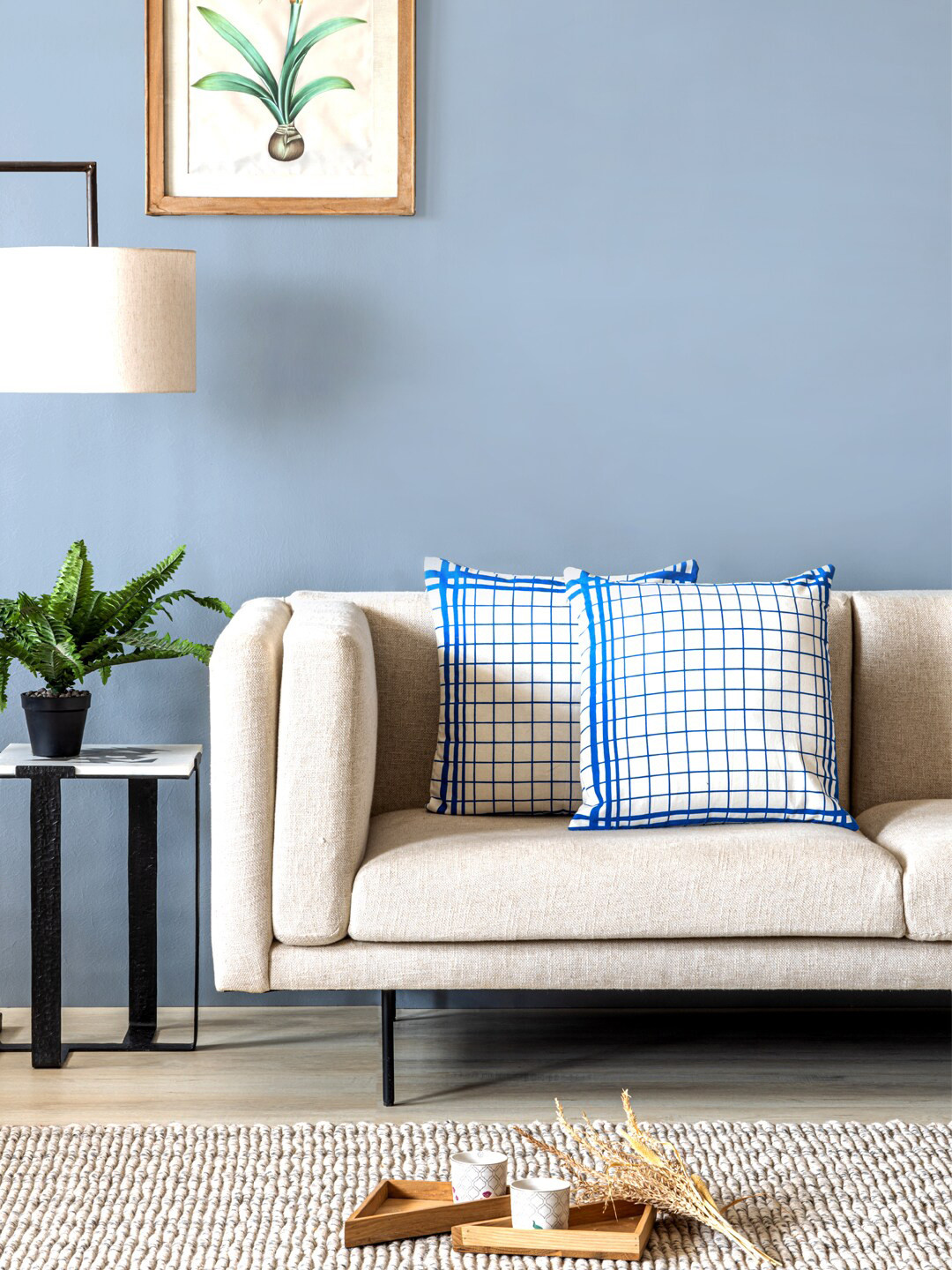 Contrast Living Stripe White Checked Cotton 2 Piece Square Cushion Covers -18x18In