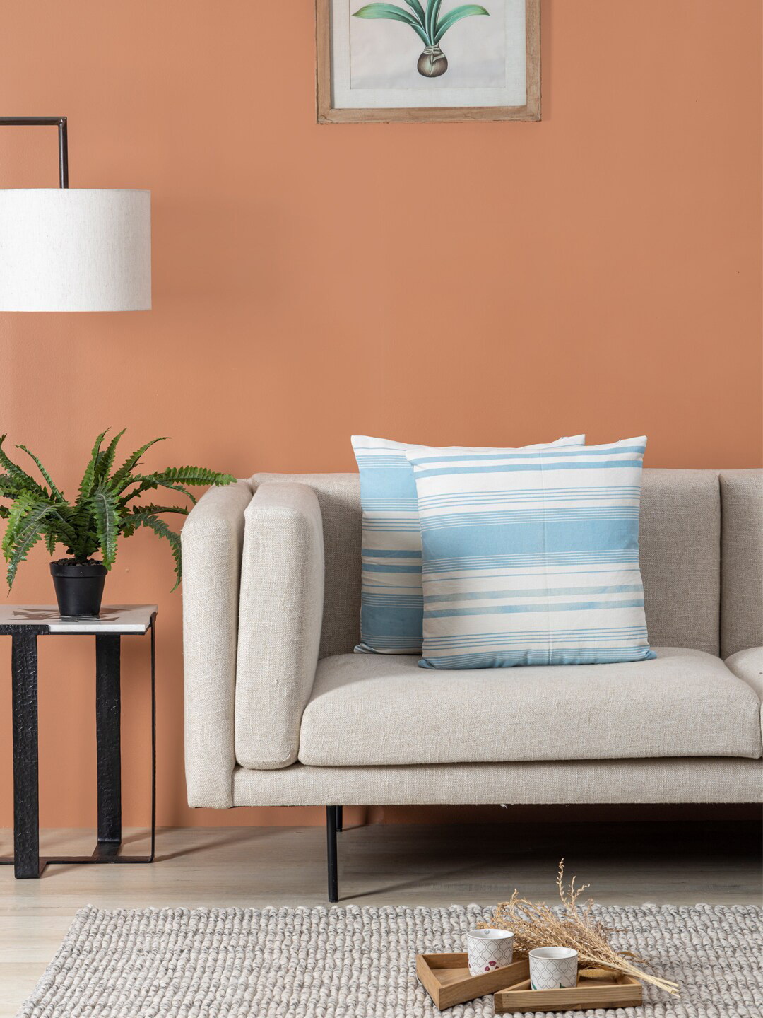 Contrast Living Light-Weight Blue Striped Cotton 2 Piece Square Cushion Covers -18x18In