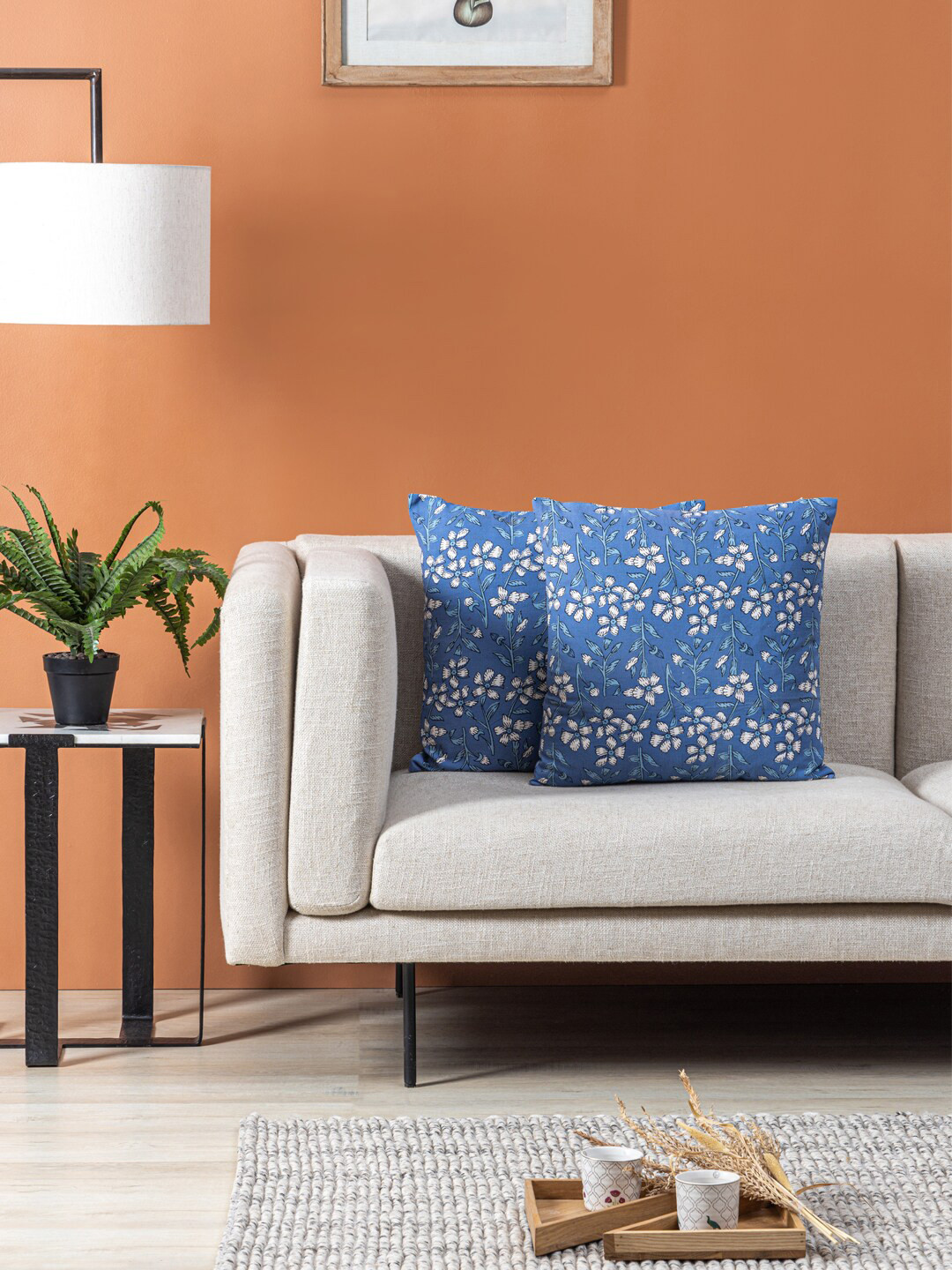 Contrast Living Blue Floral Cotton Breathable 2 Pcs Cushion Covers - 17.7 x 11.8 Inches